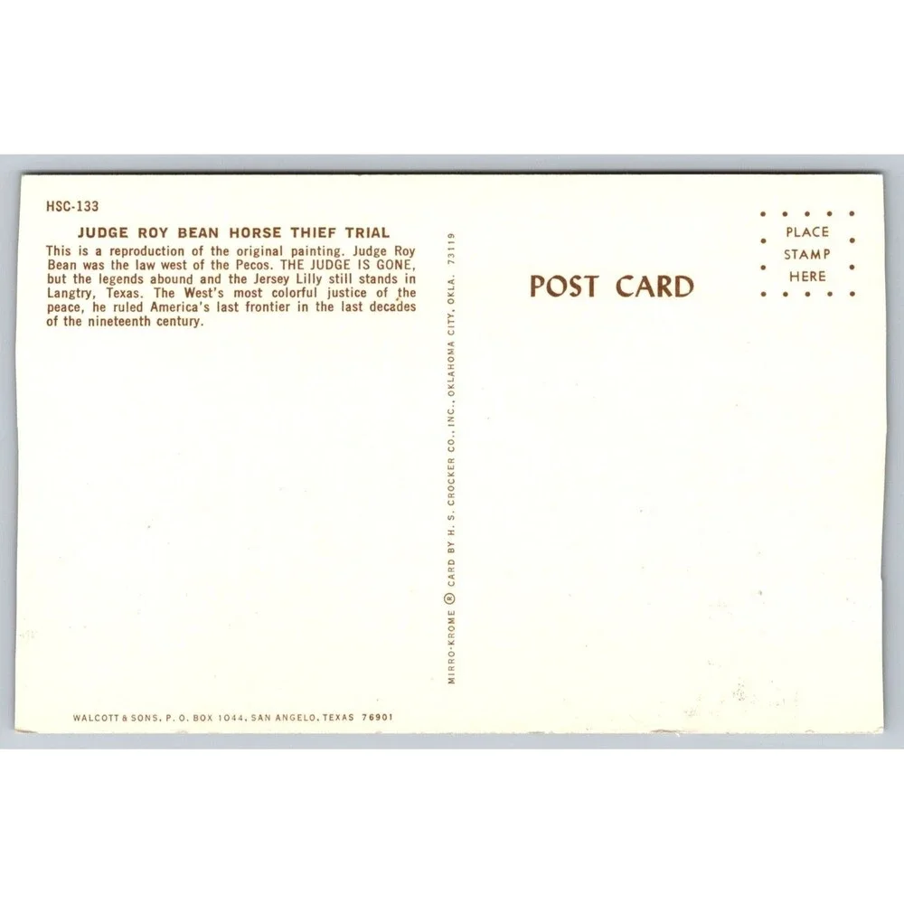 Vtg Postcard Judge Roy Bean Horse Thief Trial Jersey Lilly Saloon TX TRIMMED